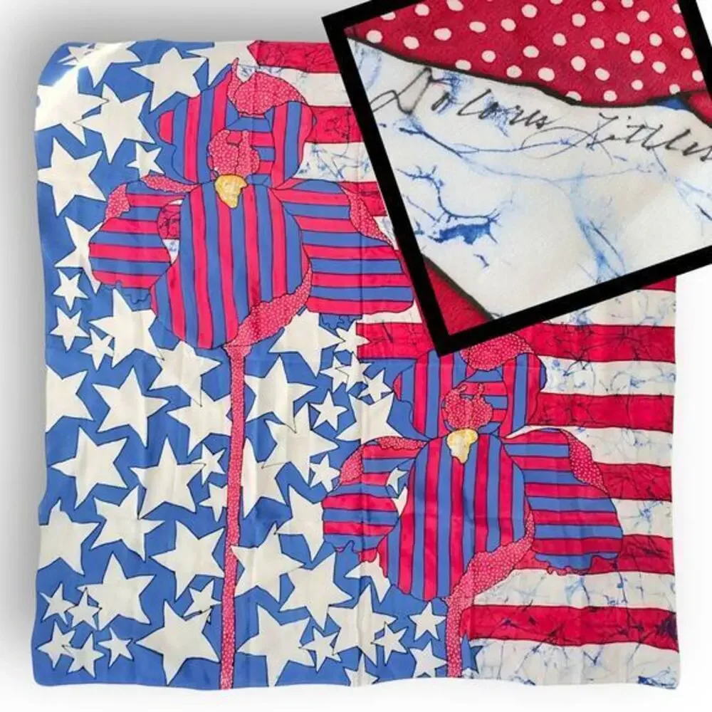 Vintage Hand-Painted Silk Scarf “Flag & Flowers” Signed Pop Art Americana 42”